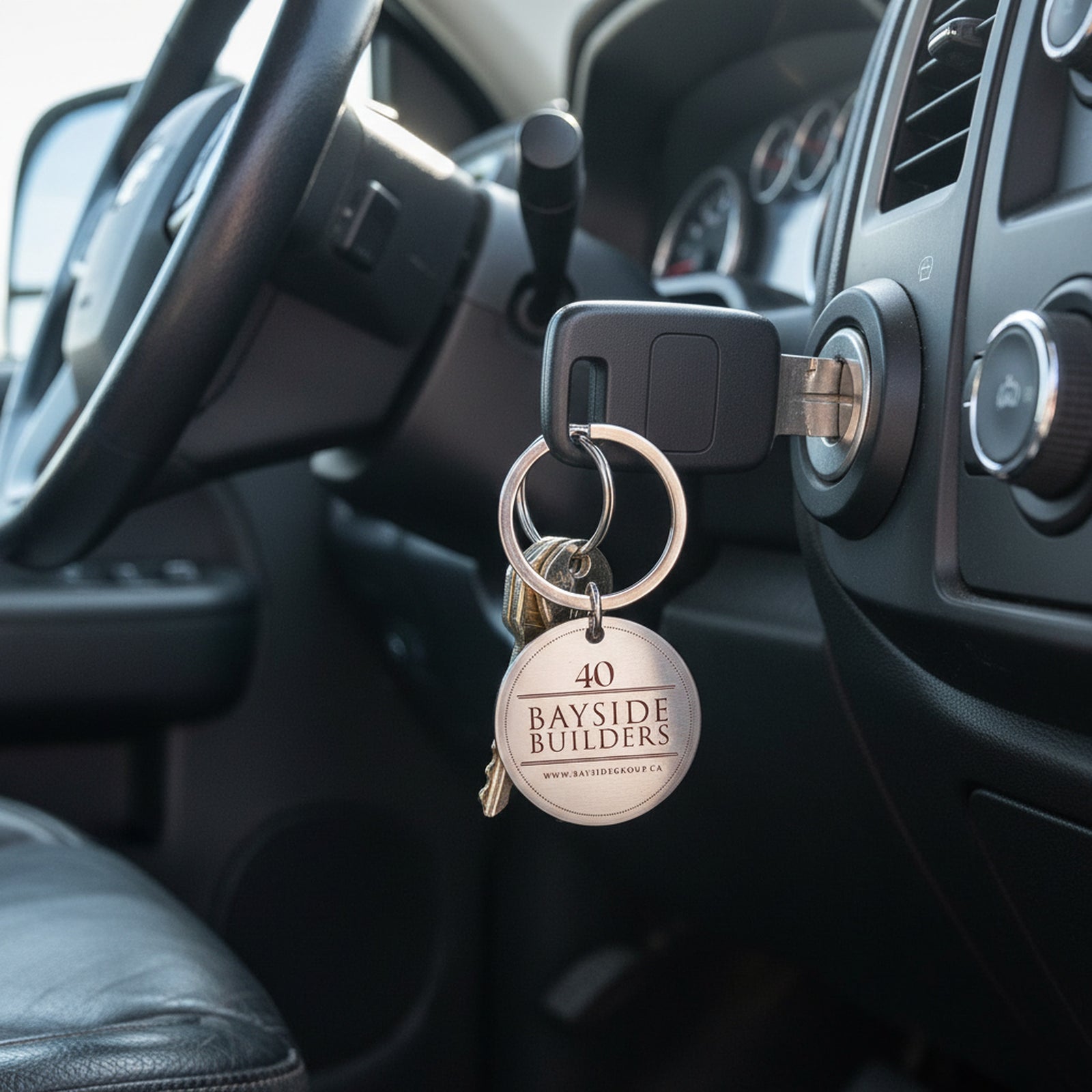 Bayside Builders Engraved Round Keychain in Stainless or Rose
